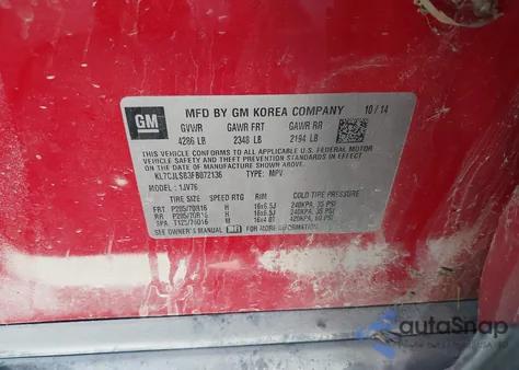 2015 Chevrolet Trax Lt from USA, damaged, VIN KL7CJLSB3FB072136